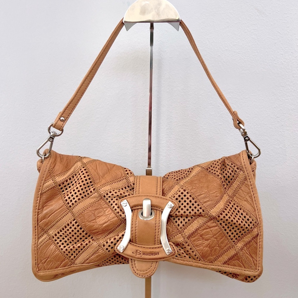 b. makowsky Tan Leather Shoulder Bag/ Clutch with Silver Hardware